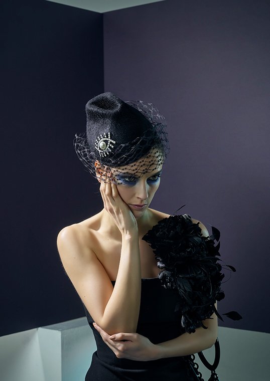 Misa Harada Black Hat with Veil and Surreal Eye Decoration