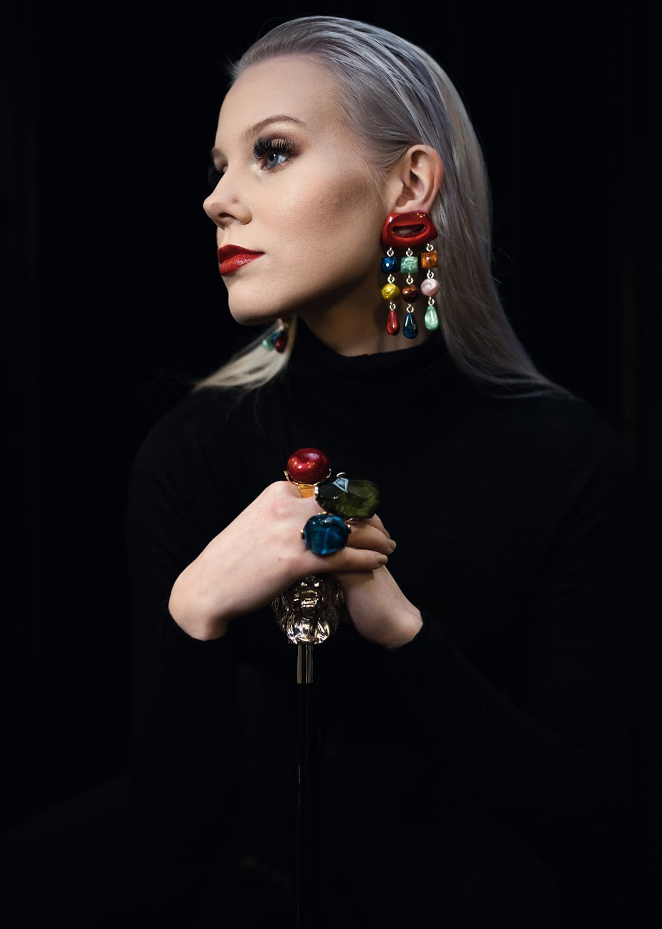 Dominique Denaive Multicolor Statement Earrings with Fringe