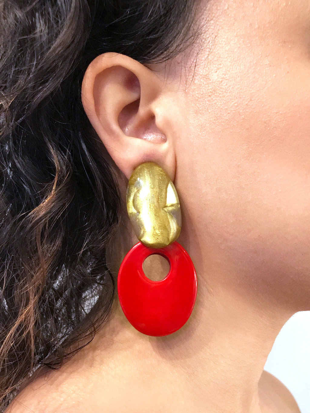Dominique Denaive Art Deco Earrings in Red and Gold
