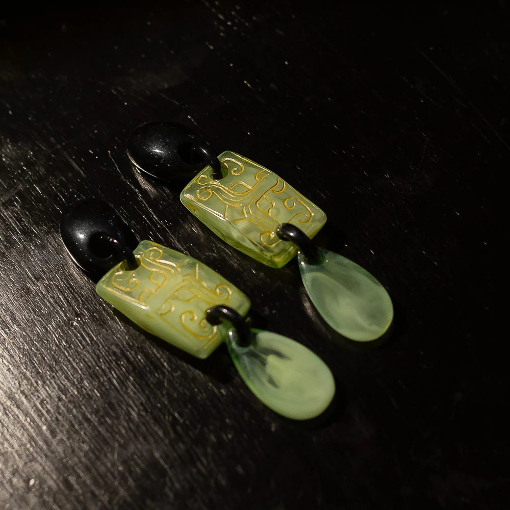 Dominique Denaive Long Silk Road Earrings in Green Jade & Black