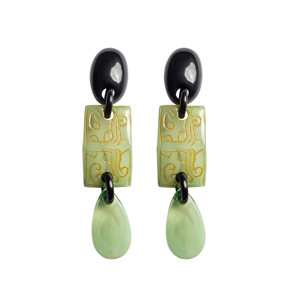 Dominique Denaive Long Silk Road Earrings in Green Jade & Black