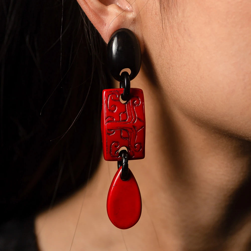Dominique Denaive Long Silk Road Earrings in Red & Black