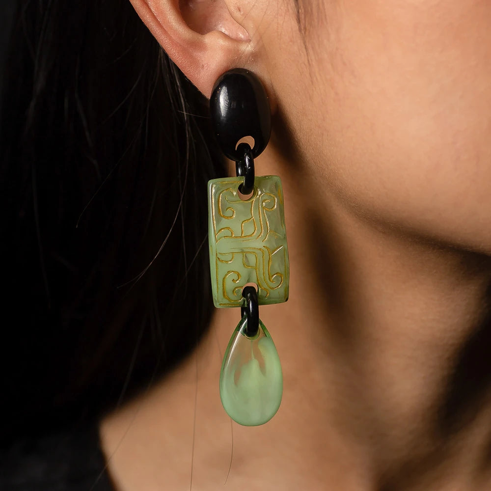 Dominique Denaive Long Silk Road Earrings in Green Jade & Black