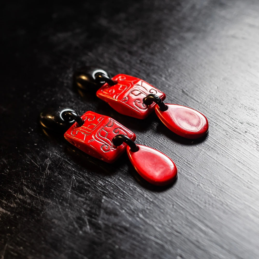 Dominique Denaive Long Silk Road Earrings in Red & Black