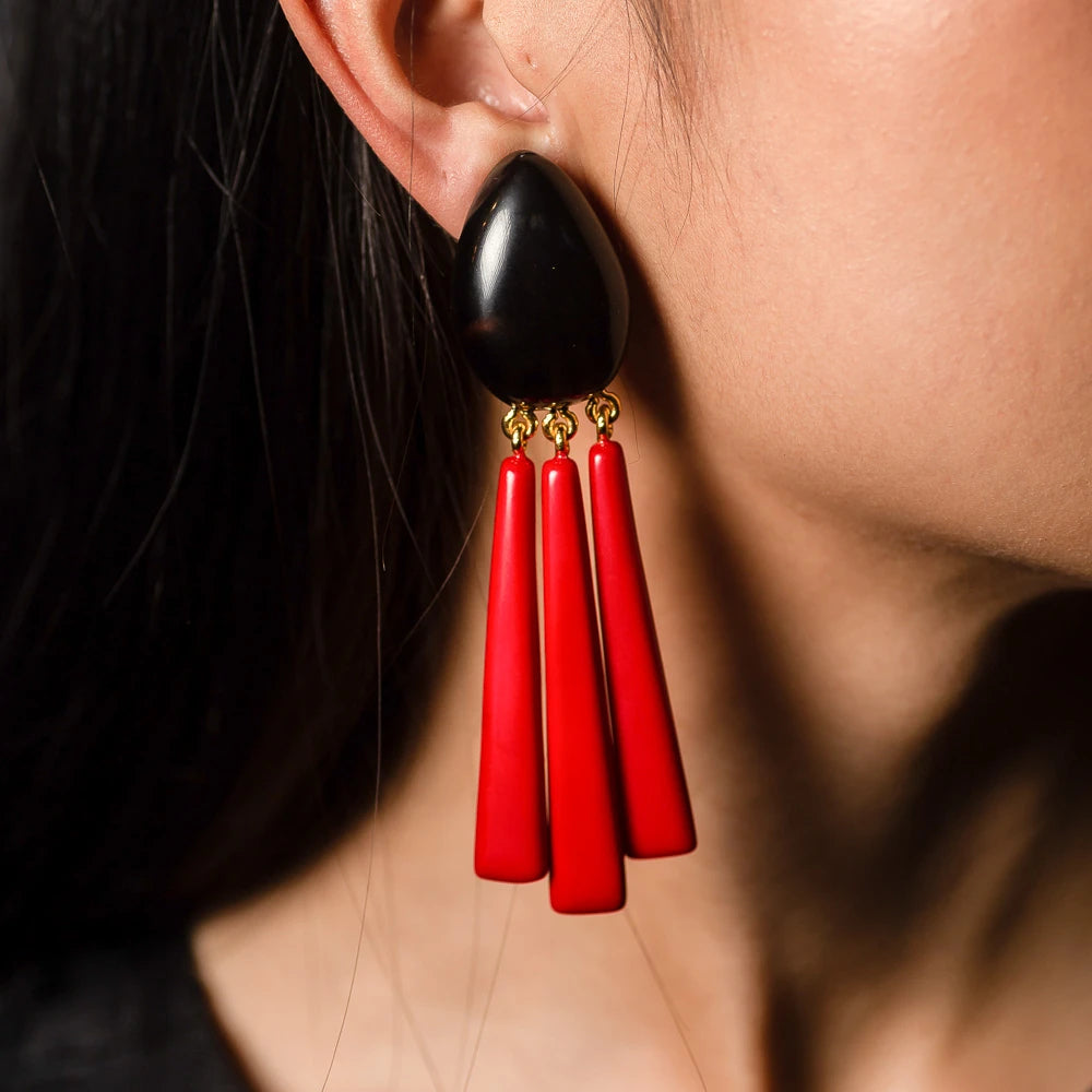 Dominique Denaive Black & Red Fringe Earrings