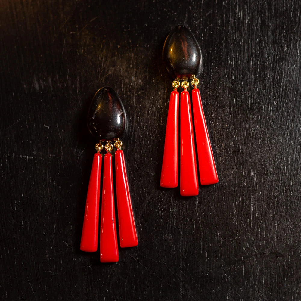Dominique Denaive Black & Red Fringe Earrings
