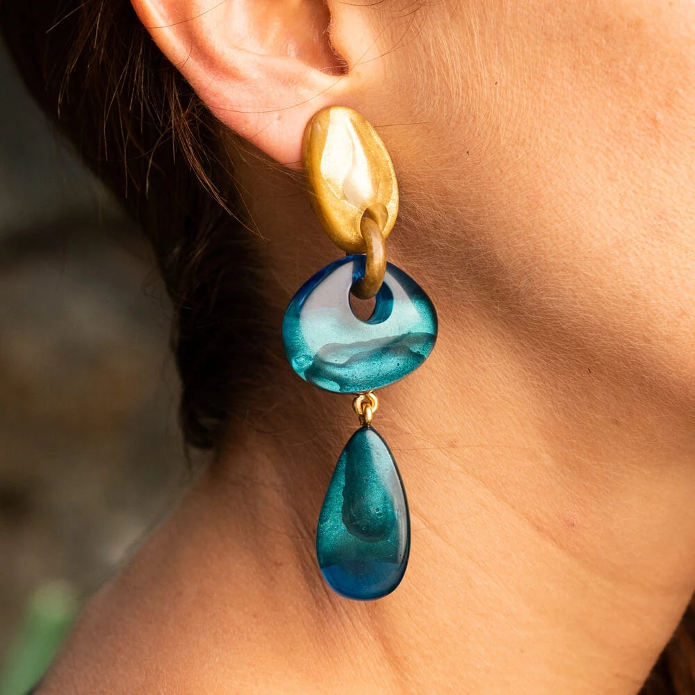 Dominique Denaive Long Elodie Earrings in Blue & Gold