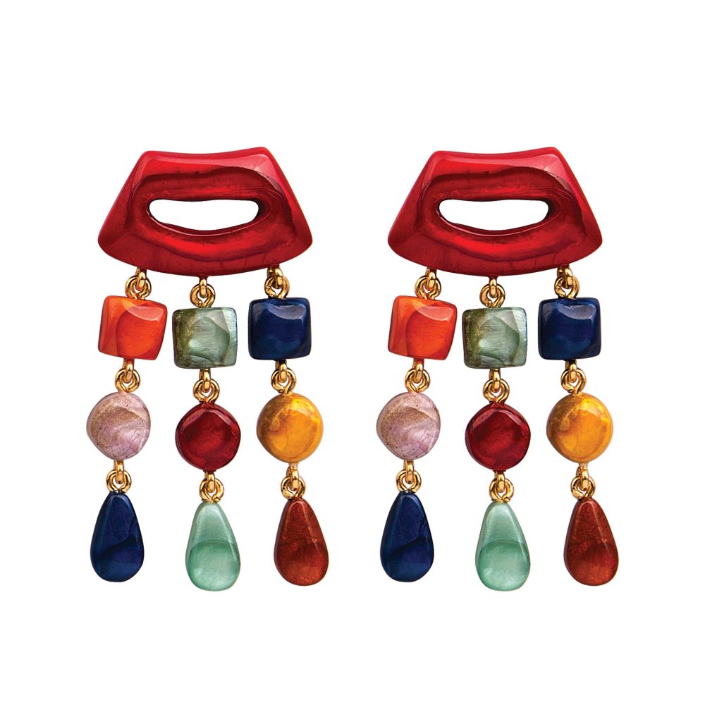 Dominique Denaive Multicolor Statement Earrings with Fringe
