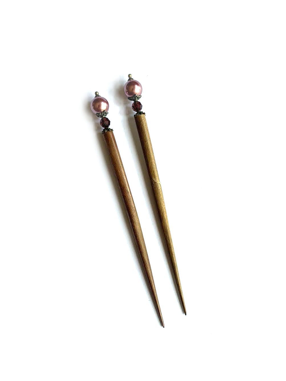 Hair Sticks with Dusty Rose Pearls & Burgundy Crystals