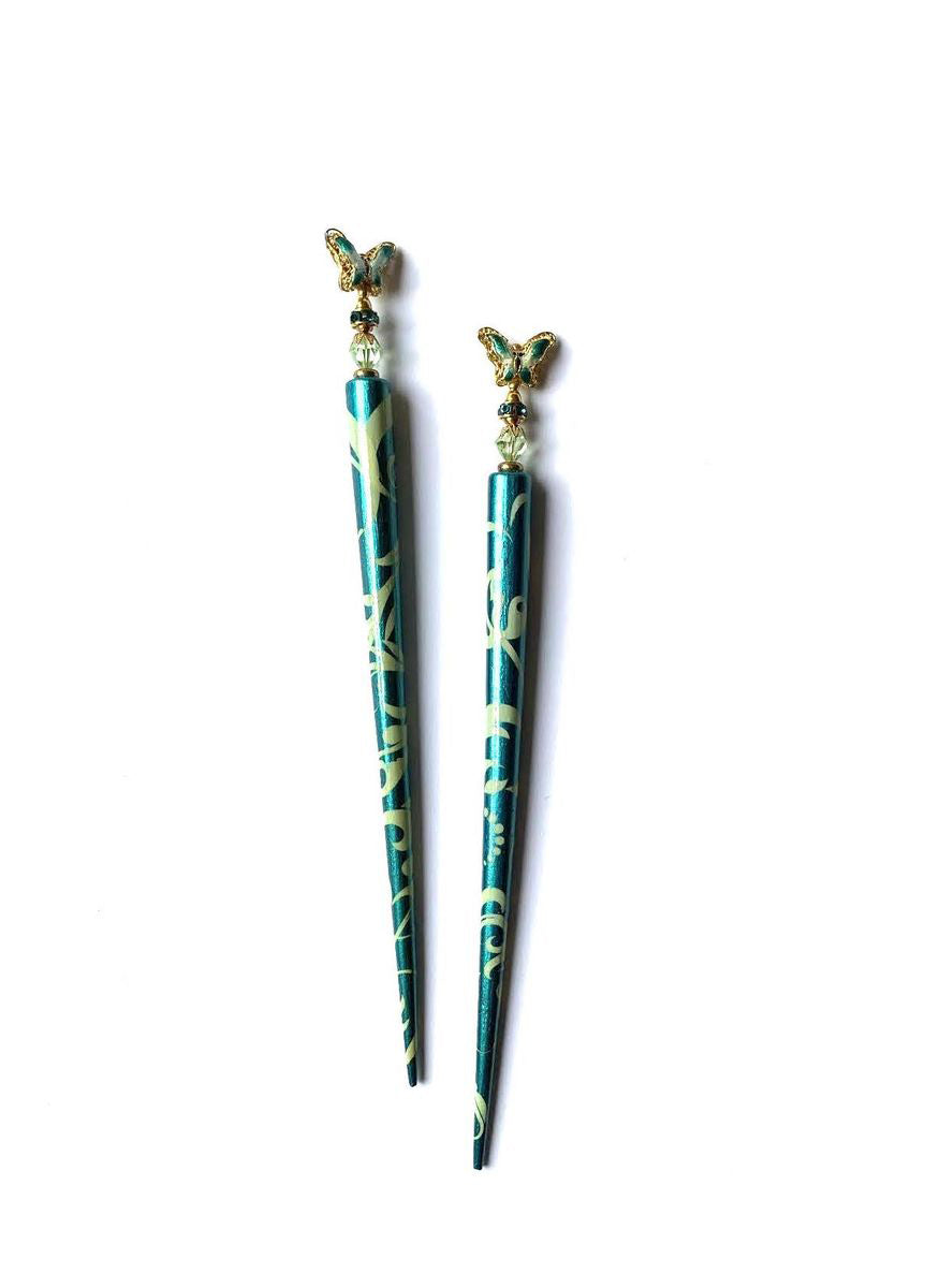 Turquoise Rococo Hair Sticks with Butterflies
