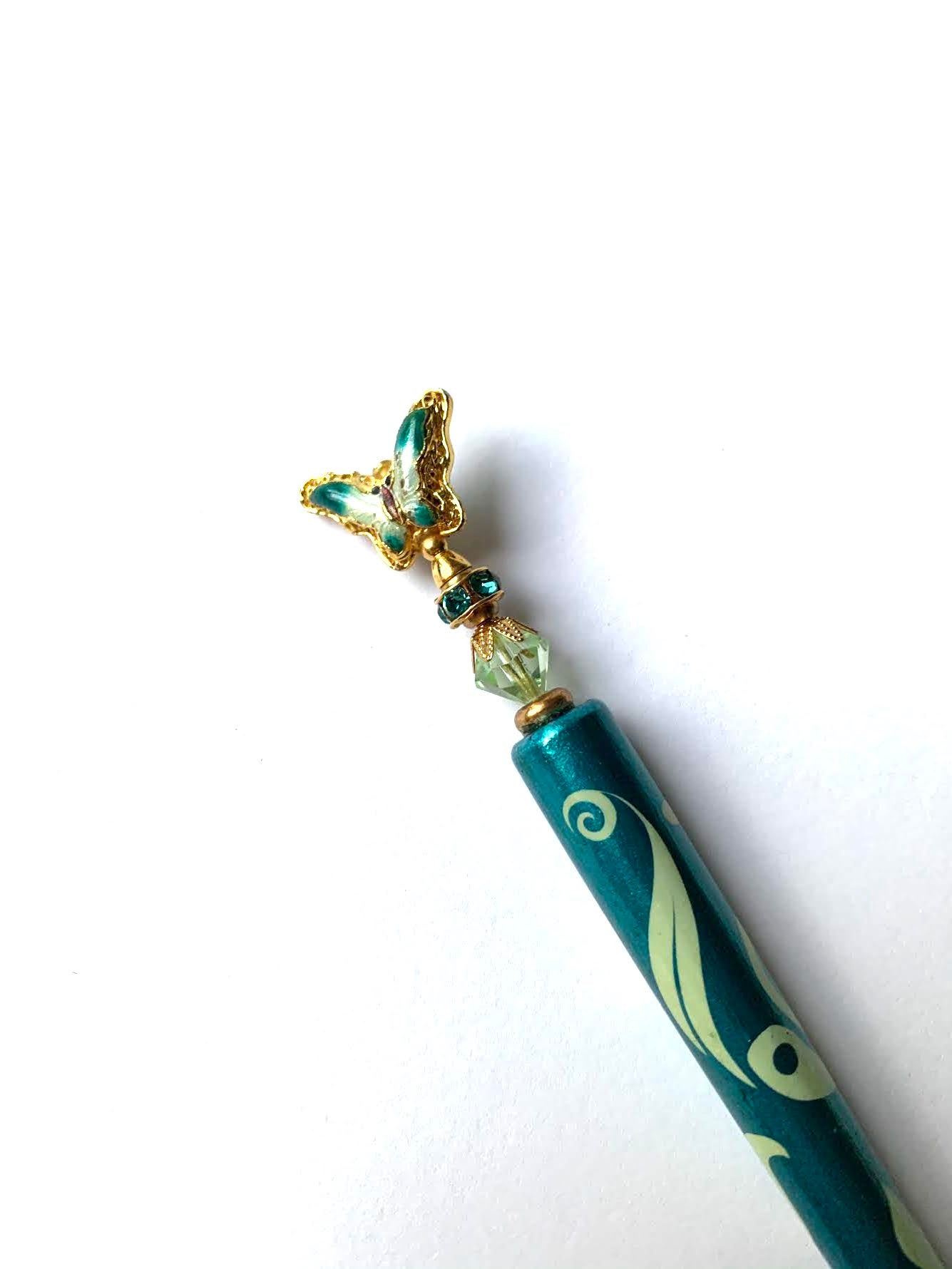 Turquoise Rococo Hair Sticks with Butterflies