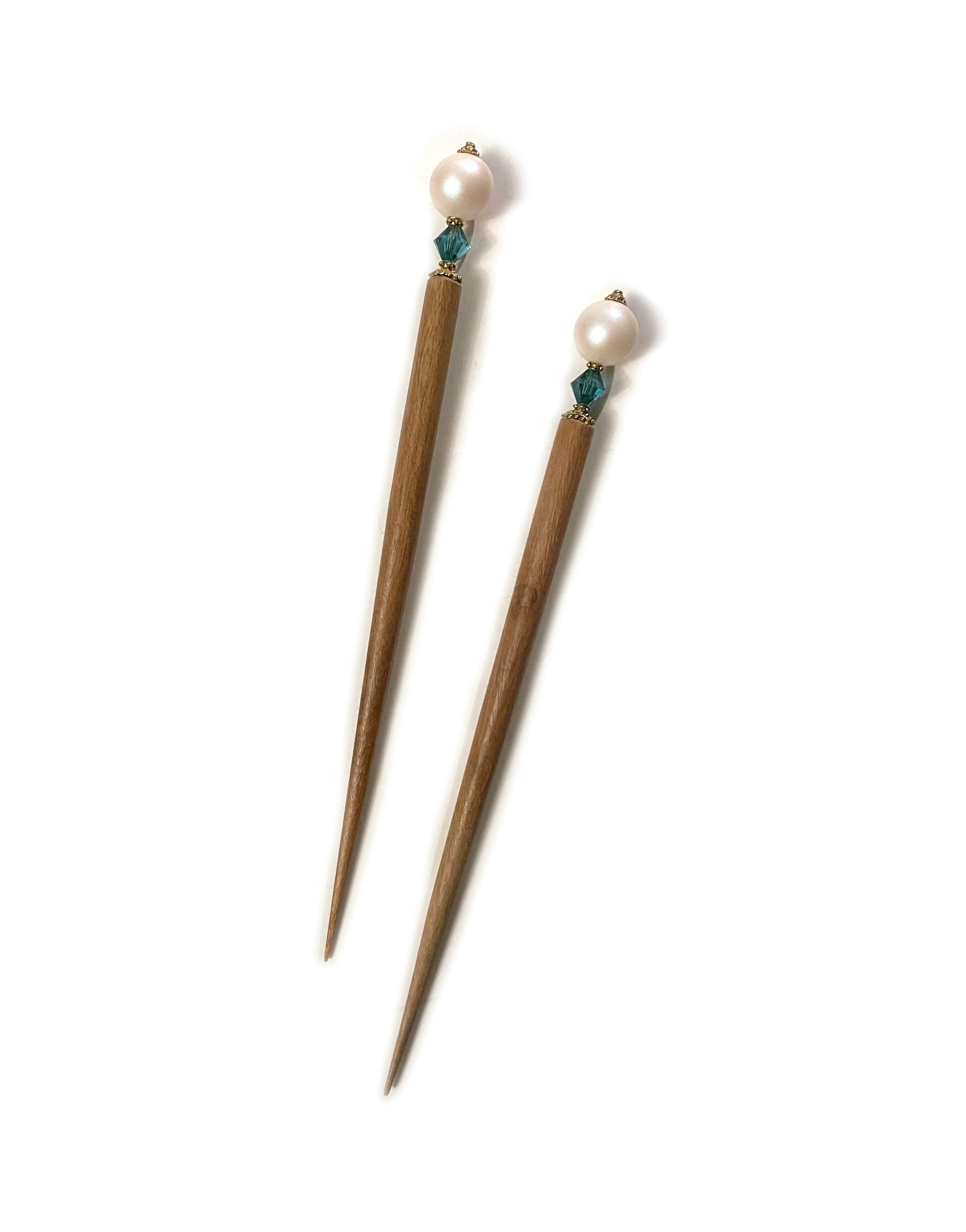 Hair Sticks with White Matte Pearls & Blue Crystals