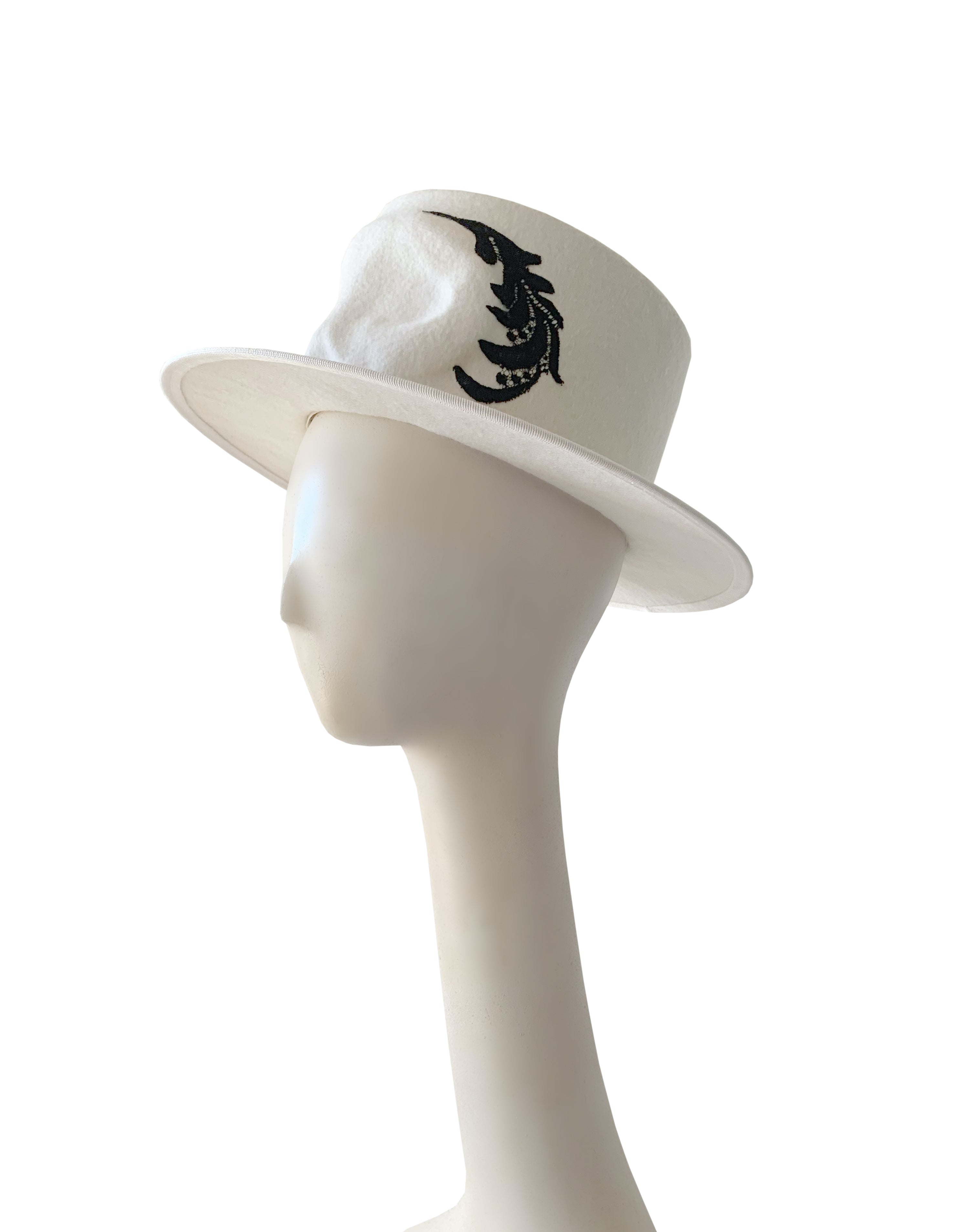 Kristina Dragomir White Boater Hat with Black Lace Mask