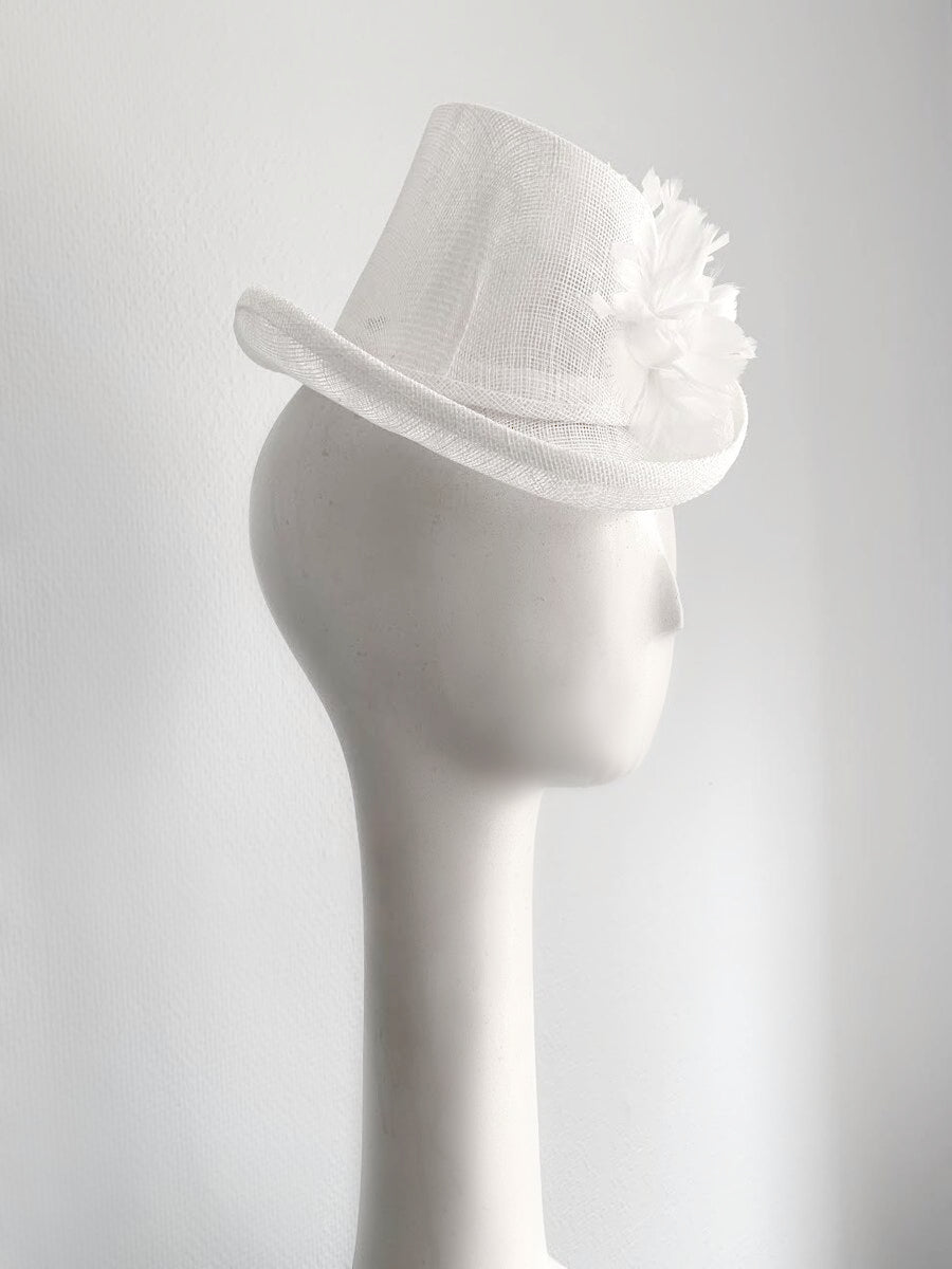 Kristina Dragomir White Top Hat with Feathers