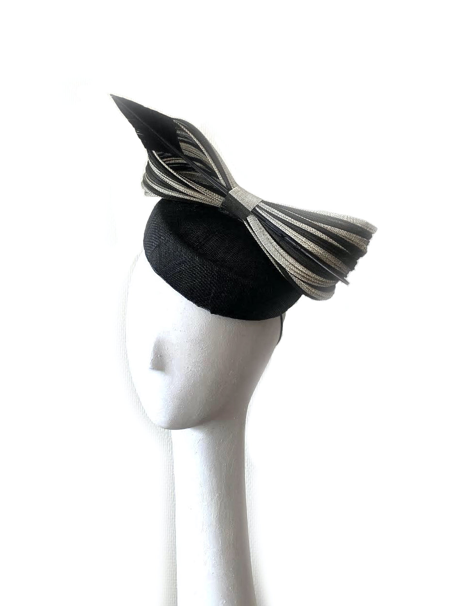 Kristina Dragomir Black Pillbox Hat with Striped Bow