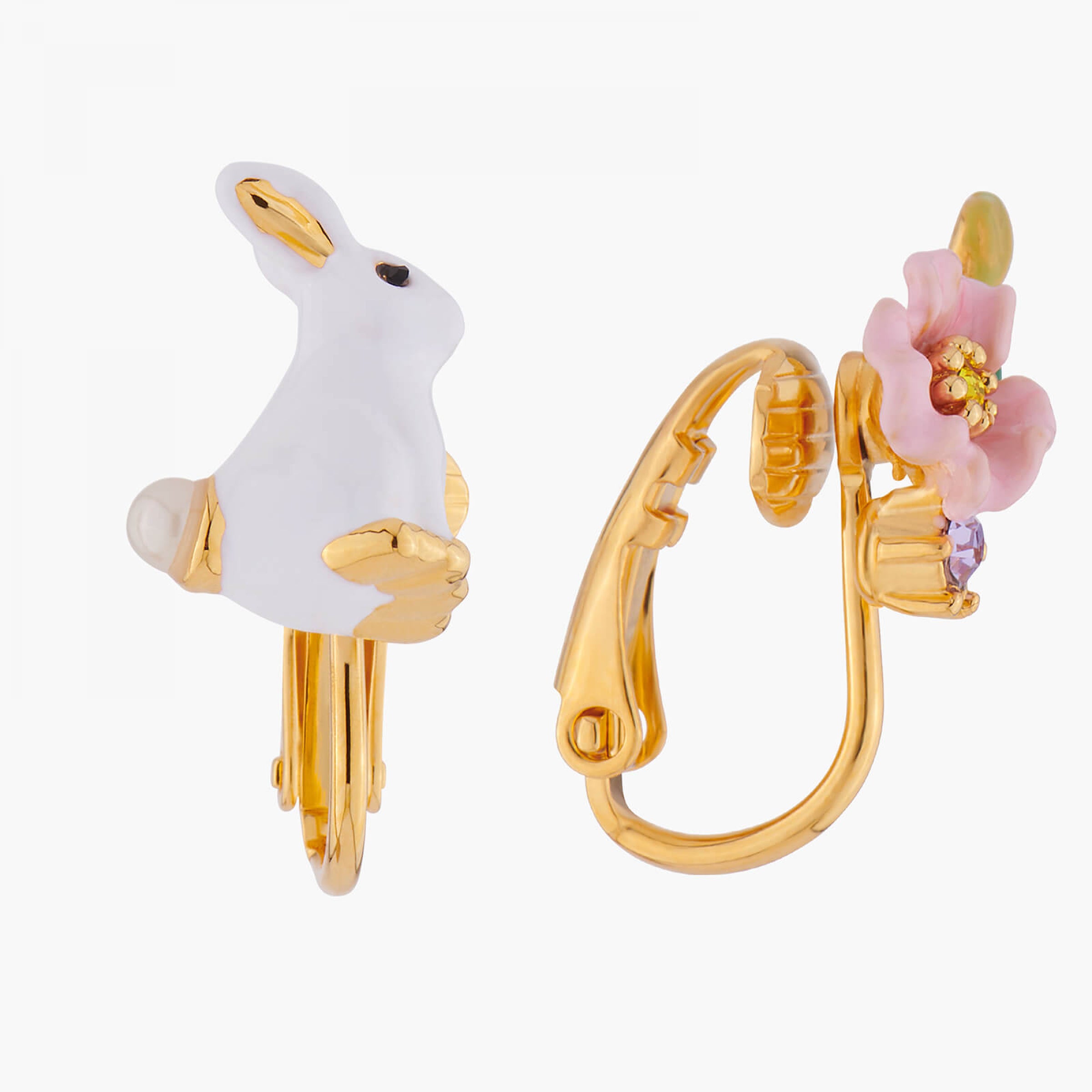 Les Néréides Rabbit & Flower Asymmetrical Earrings