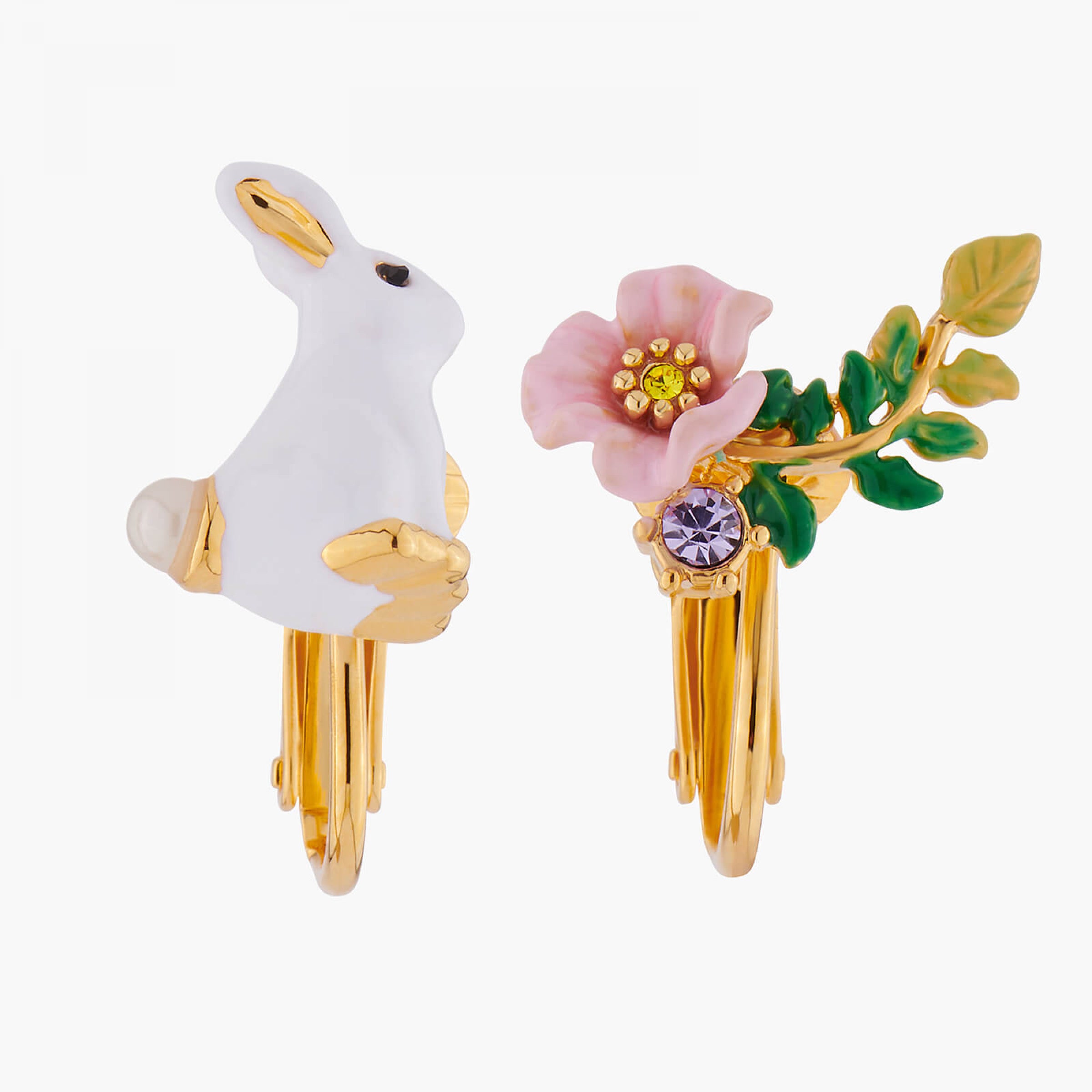 Les Néréides Rabbit & Flower Asymmetrical Earrings