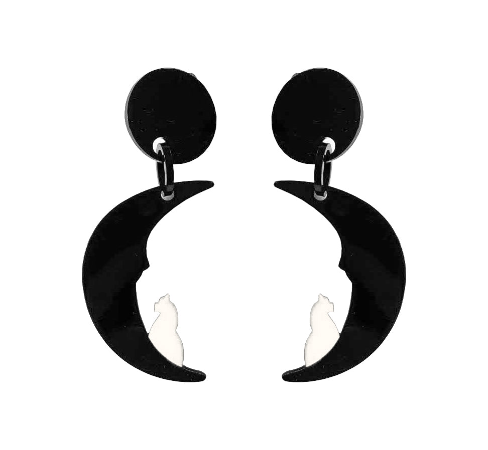 Marion Godart Black & White Cat in the Moon Earrings