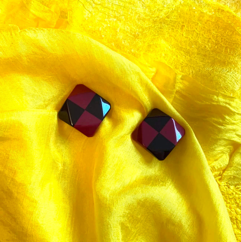 Marion Godart Earrings in Plum & Black Checkered Pattern