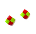 Marion Godart Earrings in Neon Green & Red Checkered Patterns