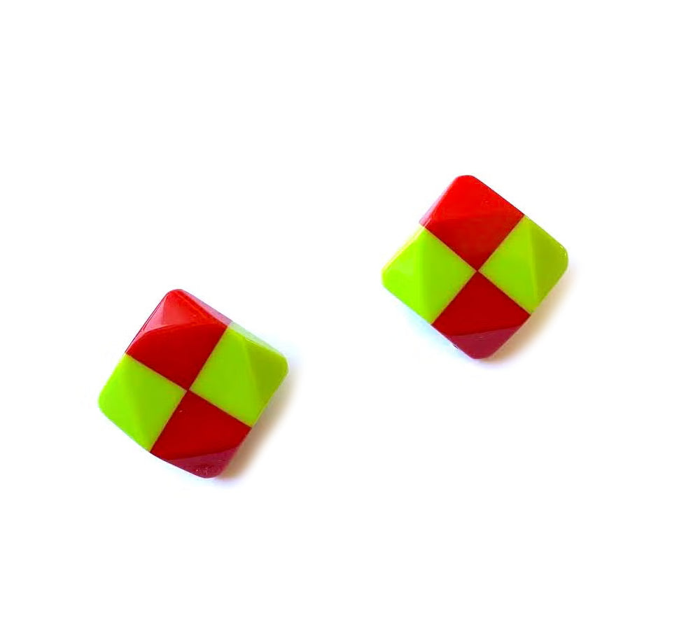 Marion Godart Earrings in Neon Green & Red Checkered Patterns