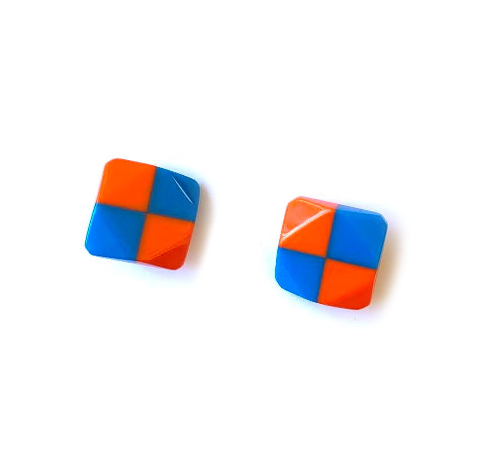 Marion Godart Check Earrings in Neon Orange & Blue