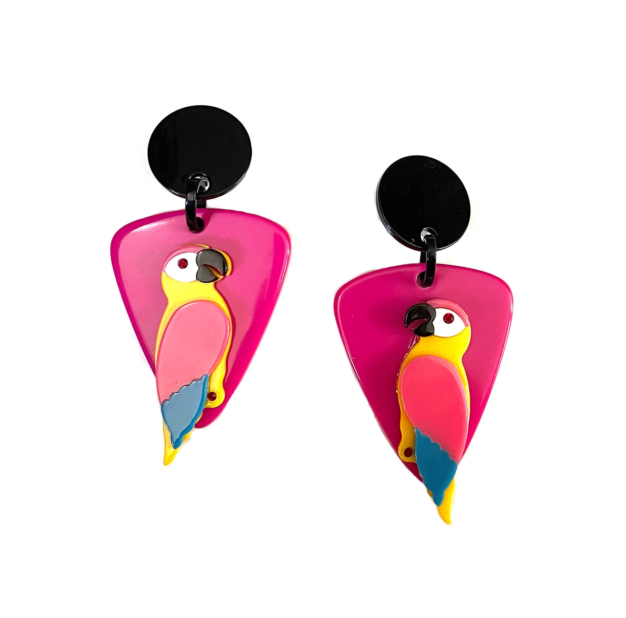 Marion Godart Parrot Earrings with Pink Triangle Frame