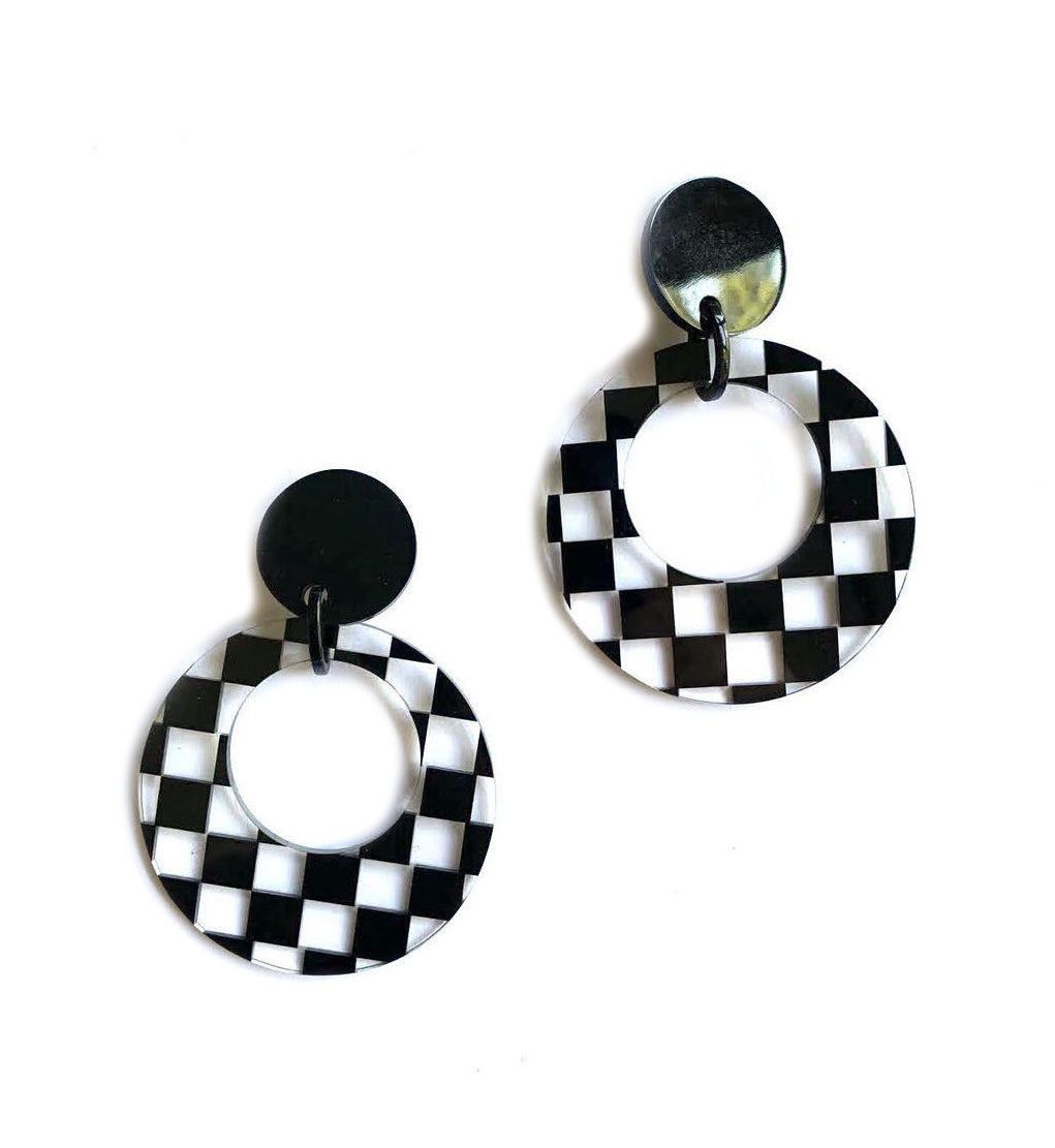 Marion Godart Large Clear Resin Hoop Earrings with Chess Pattern