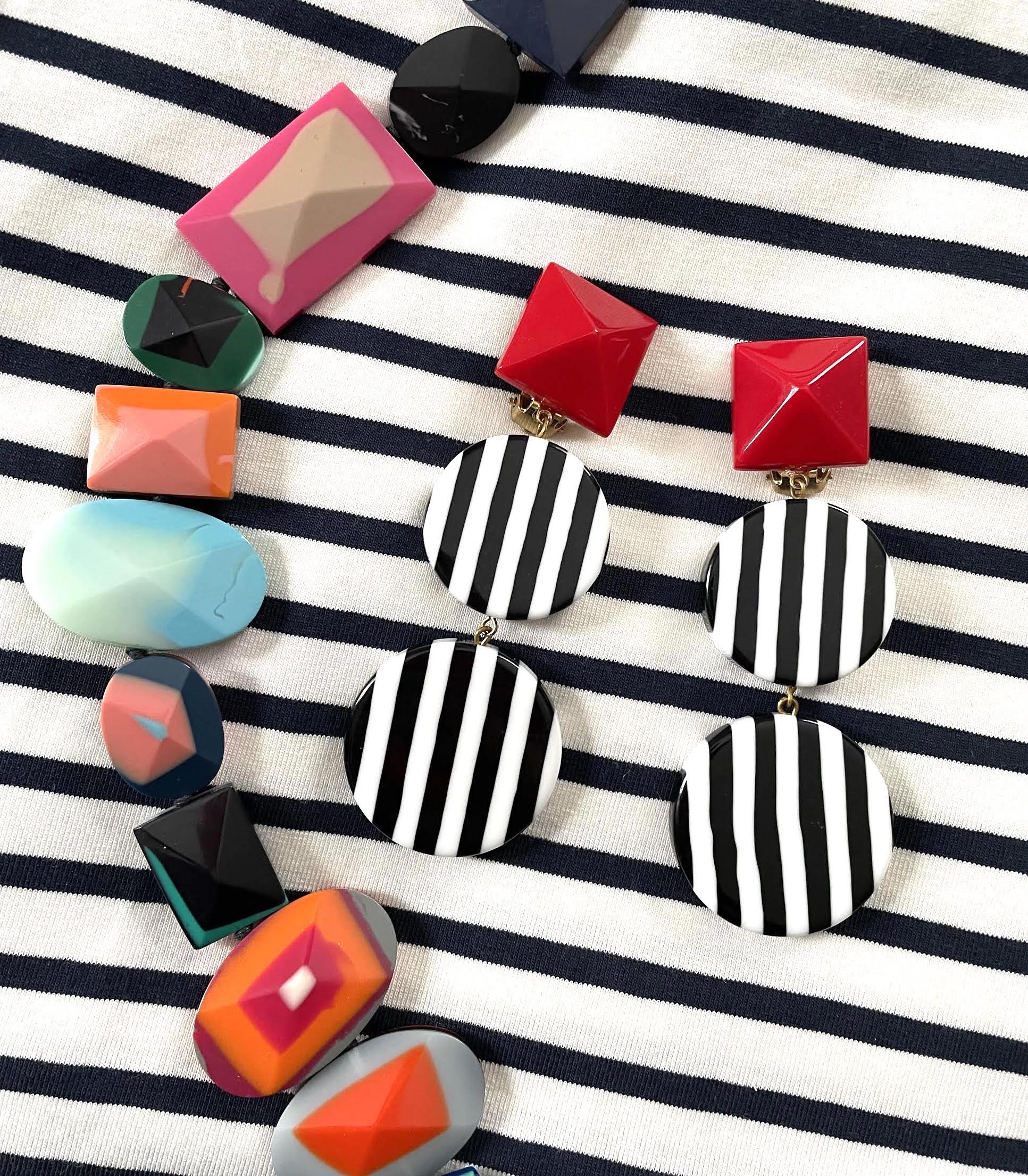Marion Godart Long Red, Black & White Striped Earrings