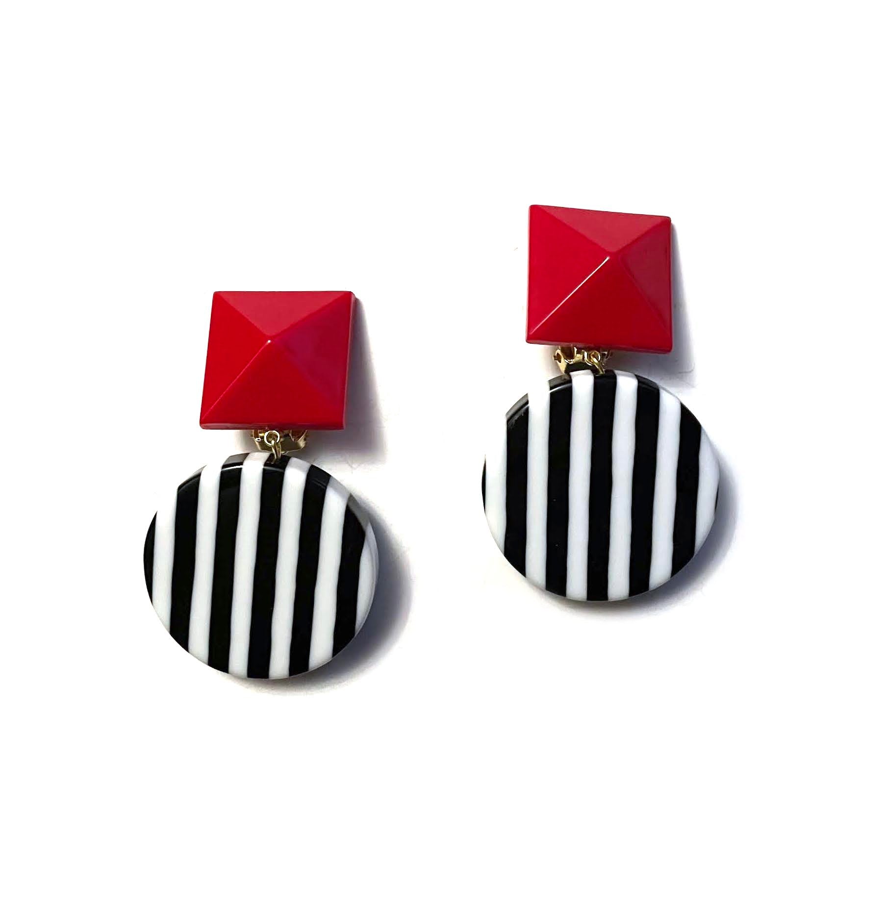 Marion Godart Black & White Striped Red Bead Earrings