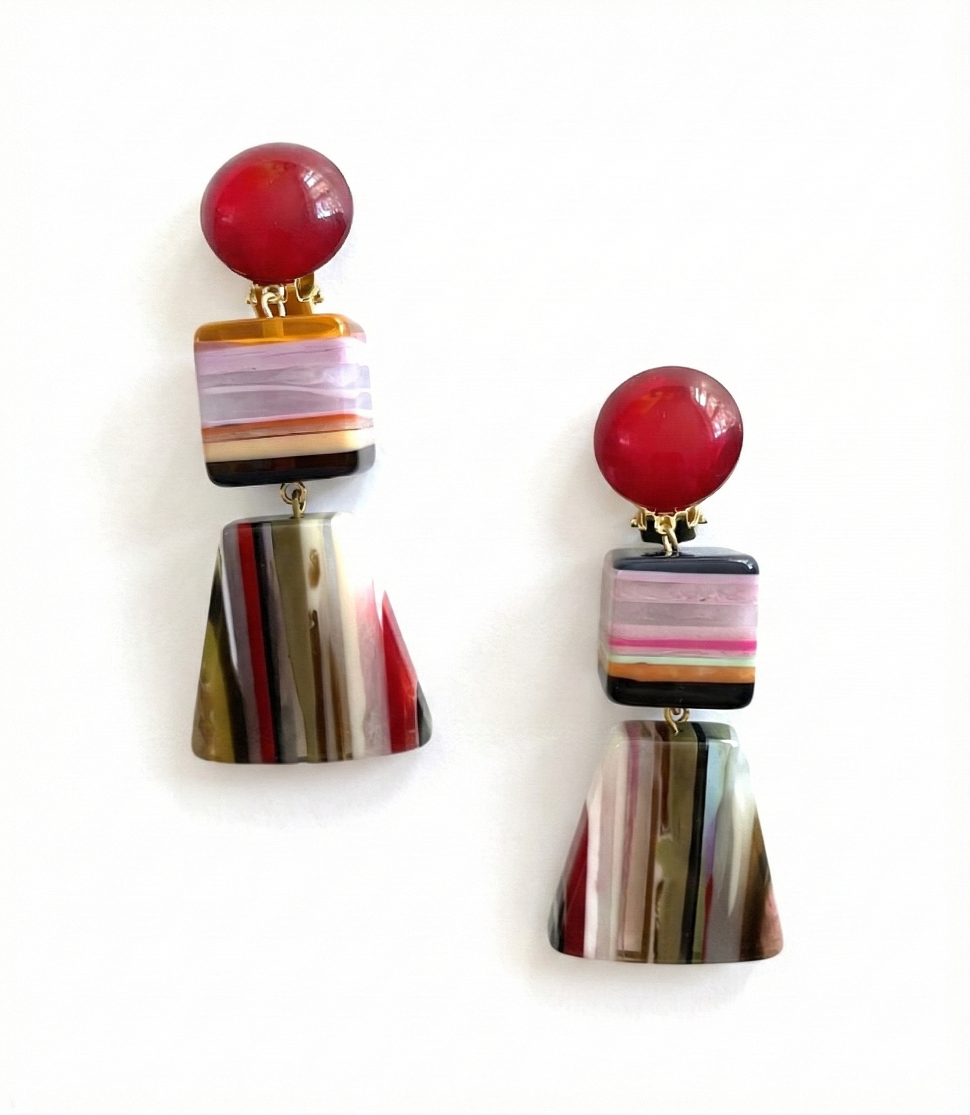 Marion Godart Pop Art Earrings in Striped Resin, red