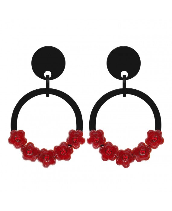 Marion Godart Red and Black Flower Hoop Earrings