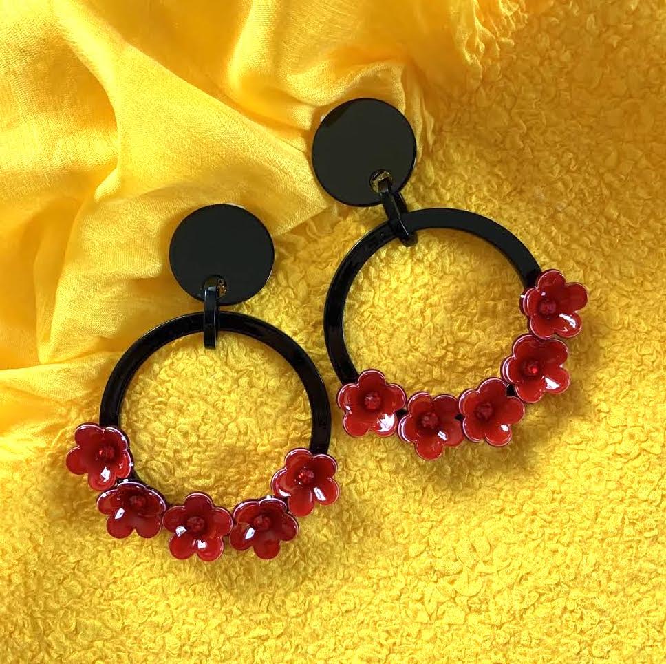 Marion Godart Red and Black Flower Hoop Earrings