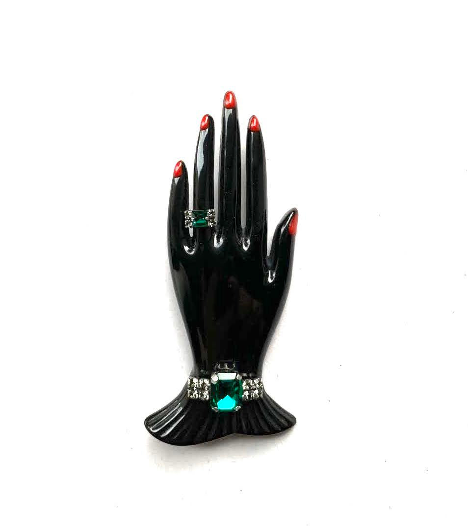 Marion Godart Jeweled Hand Brooch Green
