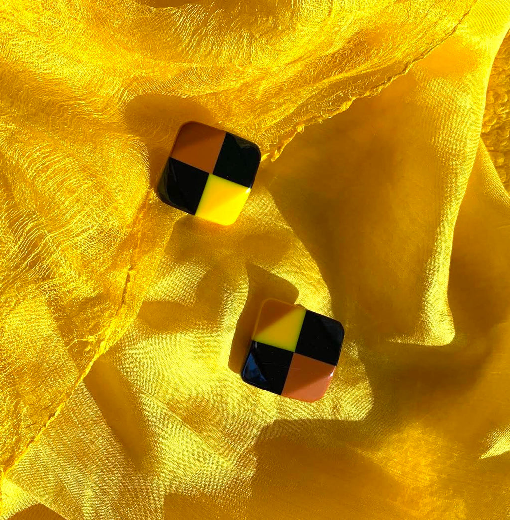 Marion Godart Check Earrings in Yellow, Brown and Black