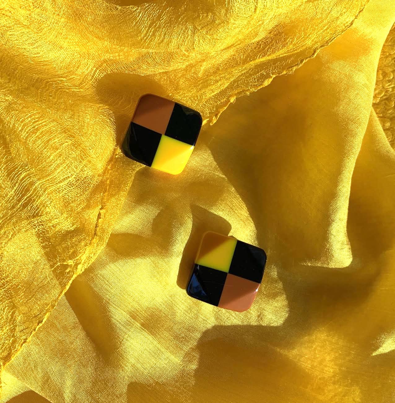Marion Godart Check Earrings in Yellow, Brown and Black