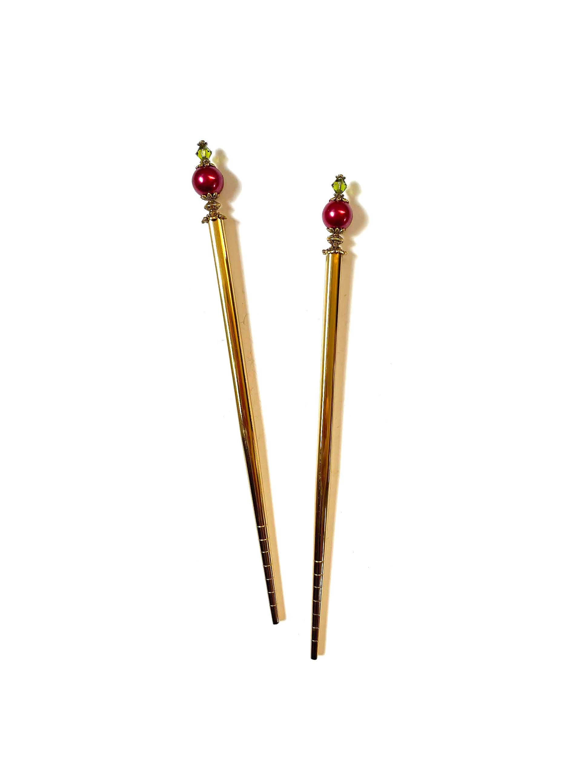 Long Metal Hair Sticks with Cerise Red Glass Beads