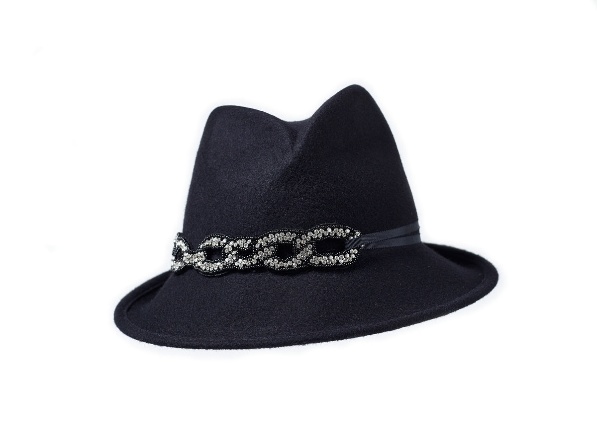 Misa Harada Black Wool Trilby with Crystals