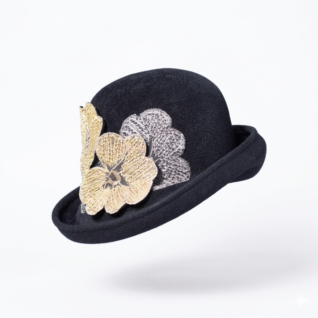 Misa Harada Black Cloche Hat with Flowers