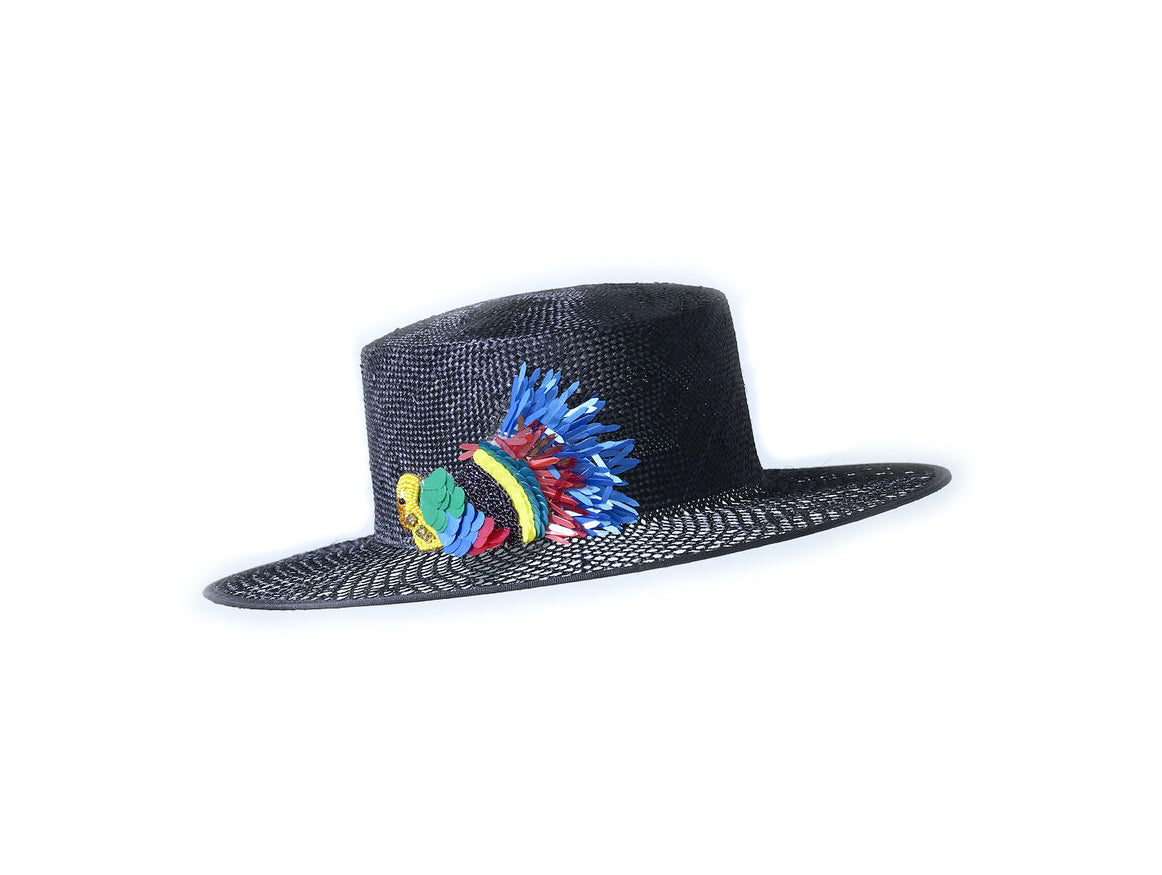 Misa Harada Black Boater with Colorful Bird