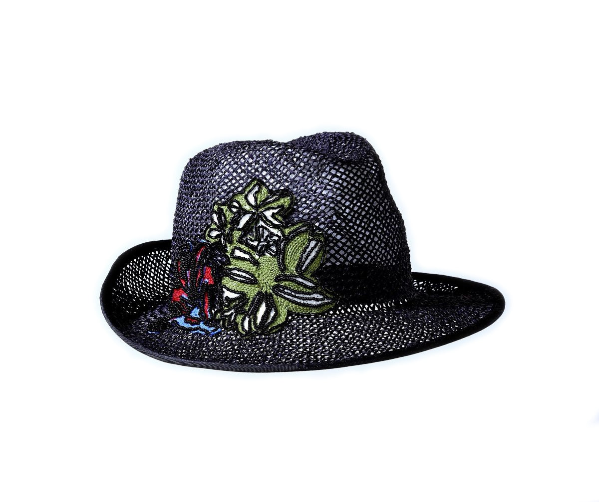 Misa Harada Black Straw Hat with Embroidered Flowers