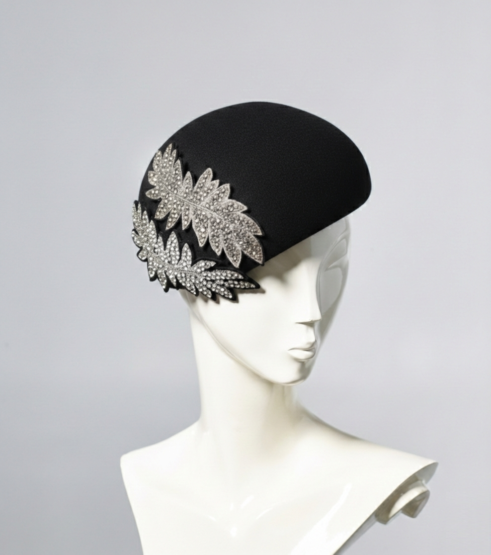 Misa Harada Elegant Black Beret with Crystal Leaf Motifs