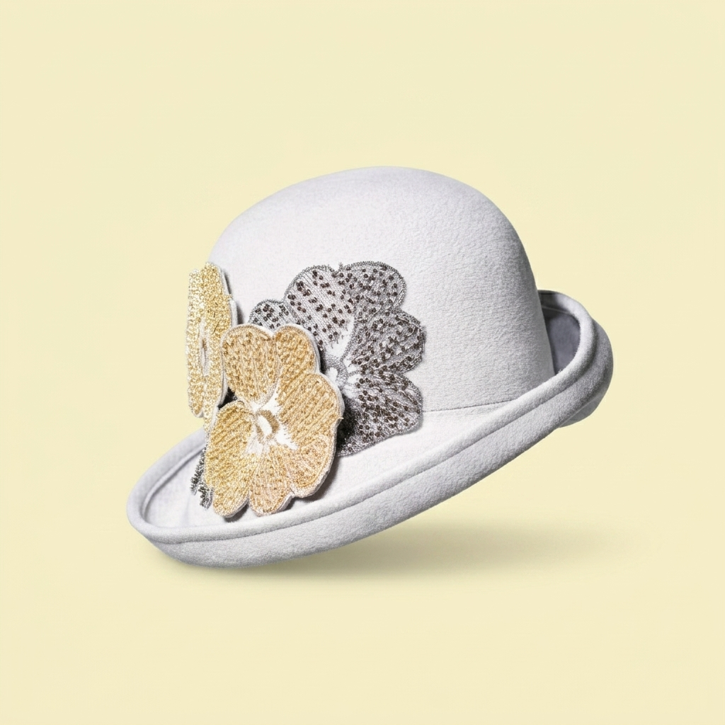 Misa Harada Pearl Grey Cloche Hat with Flowers
