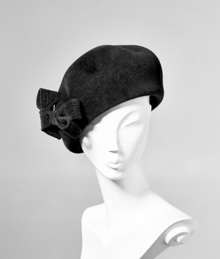 Misa Harada Black Velour Beret with Bow