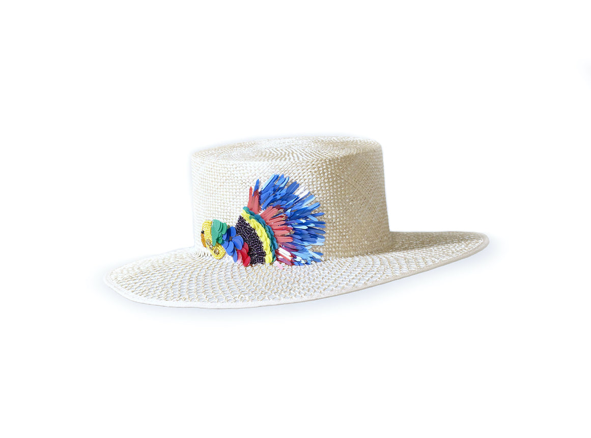 Misa Harada White Fedora with Bird Decoration