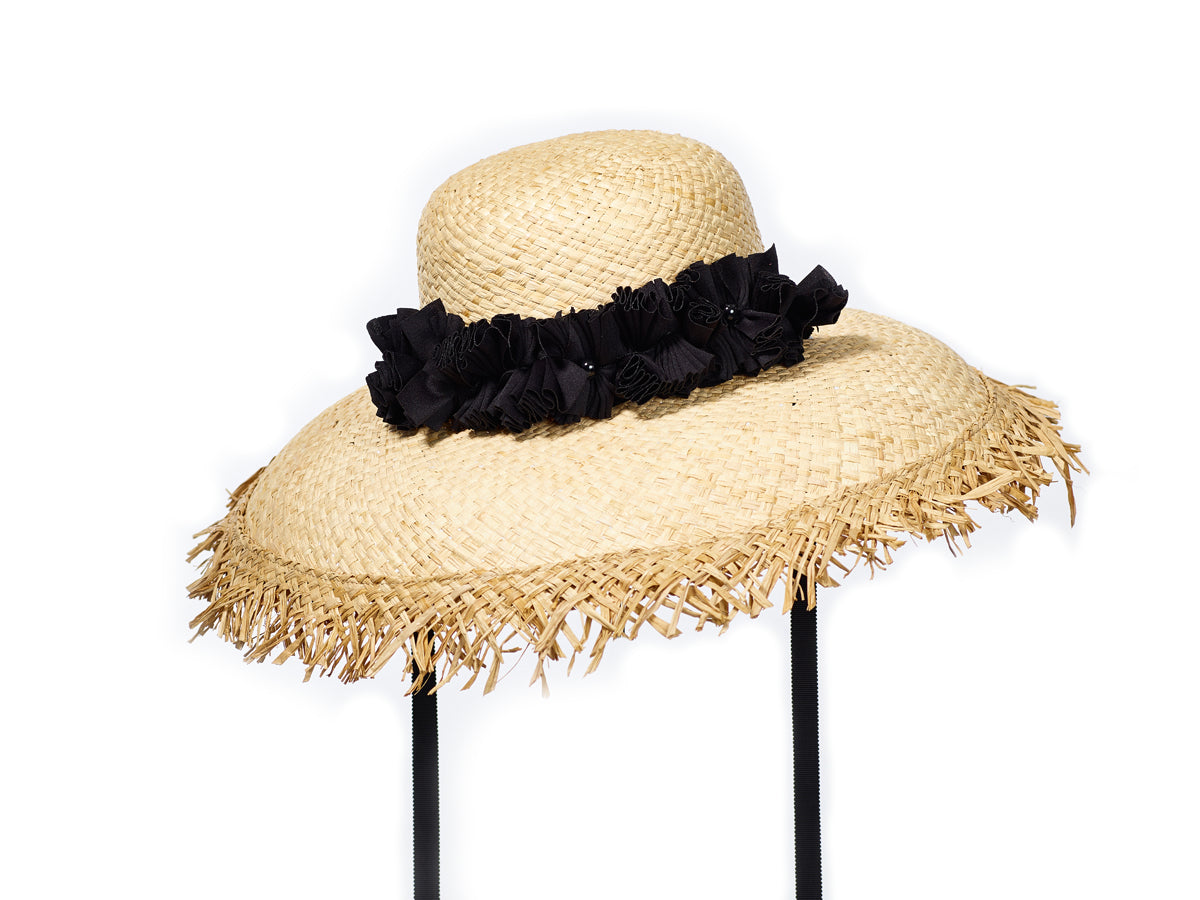 Misa Harada Wide Brimmed Riviera Hat with Black Ruffle