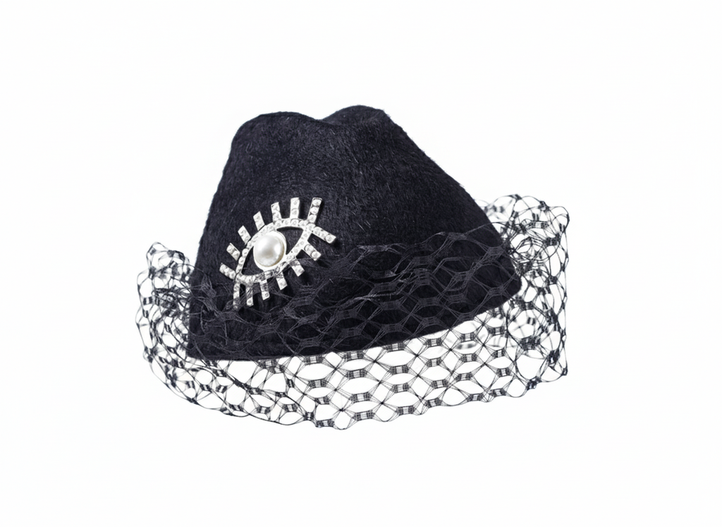 Misa Harada Black Hat with Veil and Surreal Eye Decoration