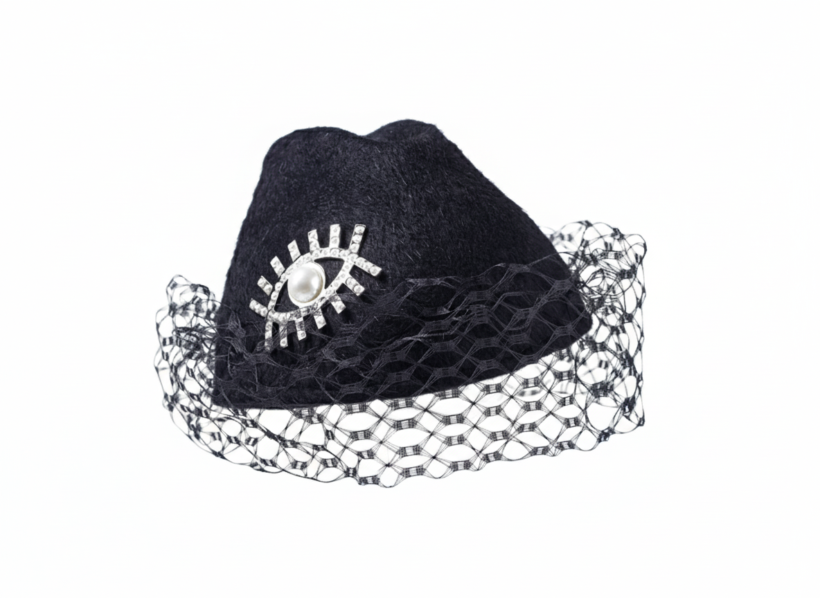 Misa Harada Black Hat with Veil and Surreal Eye Decoration