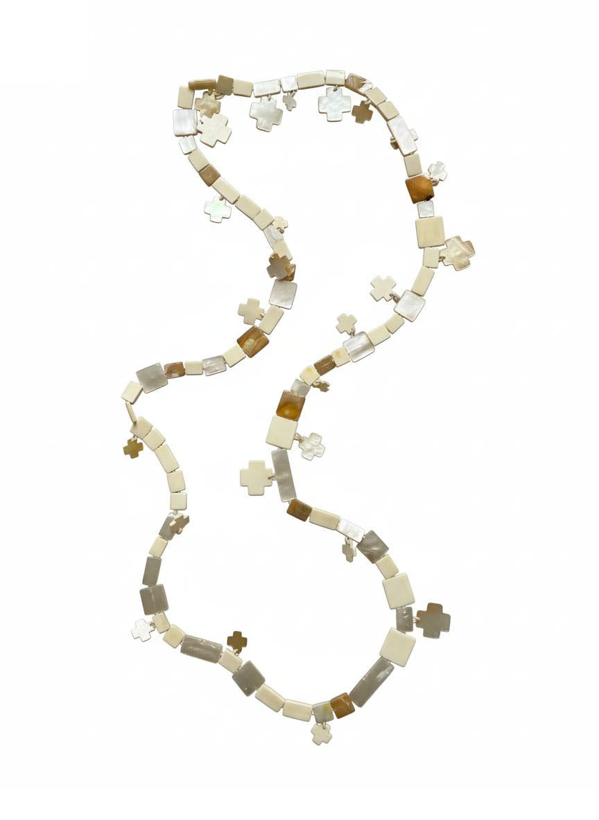 Monies Extra Long Cross Necklace in Bone and Shell, 186 cm