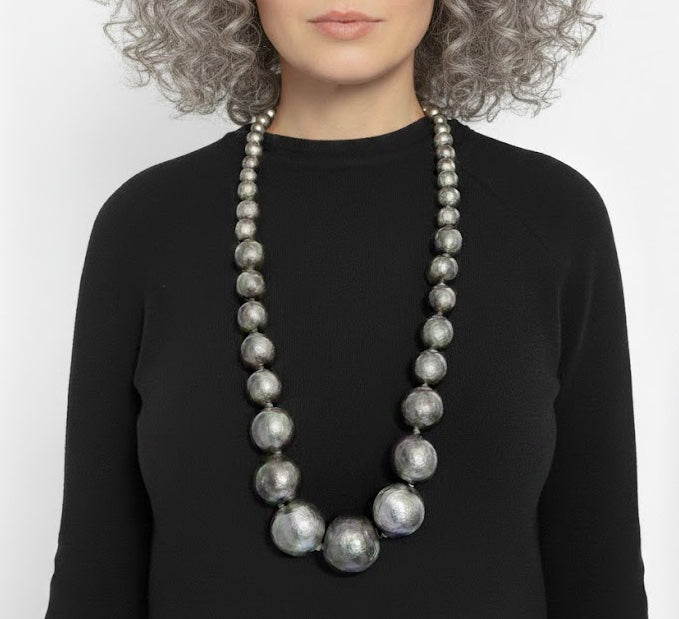Monies Round Bead Necklace in Polyester and Silver Leaf, 105 cm
